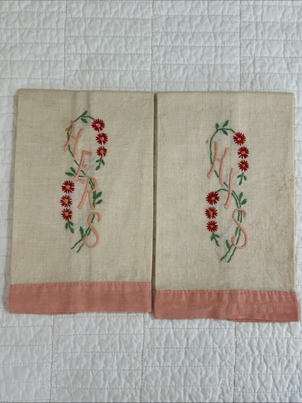 Rare 1940s Hand Embroidered Hers His Linen Guest Towels  Set Fingertip cottage